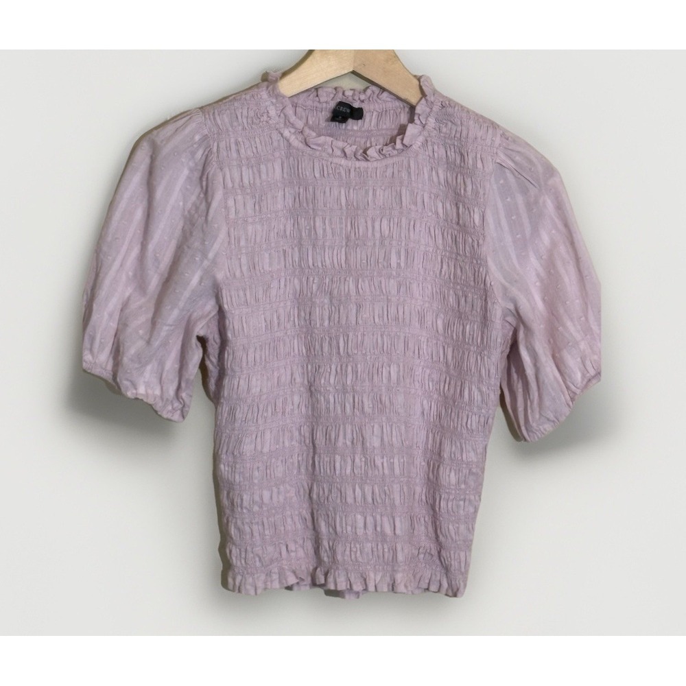 J Crew S Puff Sleeve Swiss Dot Voile Smocked Top Ruffled Neck Pink Pastel Spring